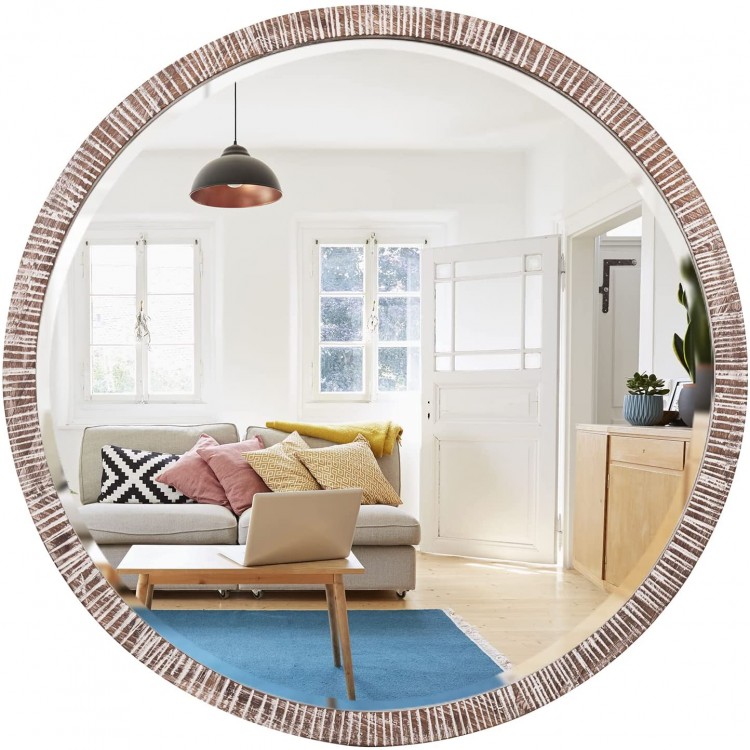 GIFTTROVE 35 Round Wood Mirror Rustic Circle Wall Mirror with Beveled Wooden Round Mirror for Wall Decor Decorative Wall-Mounted Mirror for Entryway Living Room White Washed Frame