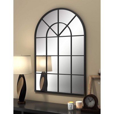 Metal Arched Window Mirror 32" X 48" Black Large Windowpane Arched Wall Mirror for Wall Decor