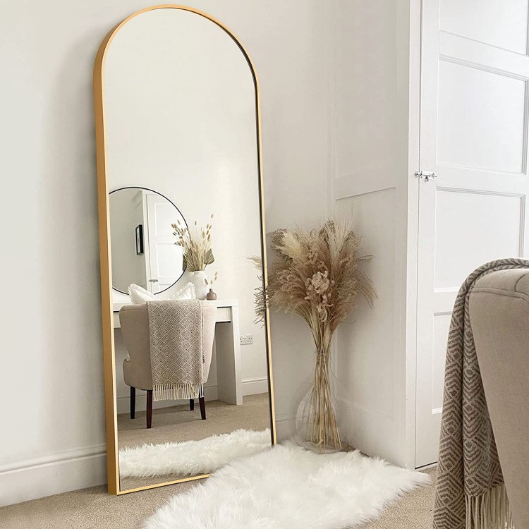 NeuType Arched Full Length Mirror Standing Hanging or Leaning Against Wall Oversized Large Bedroom Mirror Floor Mirror Dressing Mirror Aluminum Alloy Thin Frame Gold 65x22