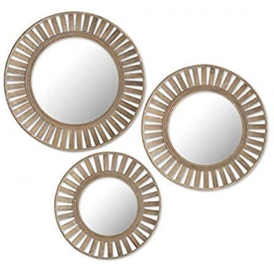 K&K Interiors 16024A Set of 3 Round Natural Wood Slat Accent Mirrors