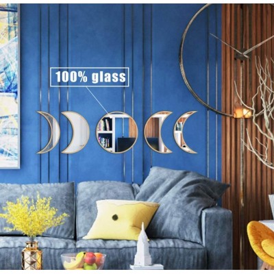 Moon Phase Mirror Set Wall-Mounted Wall Decor Mirror Boho Accents Room Decoration Scandinavian Natural Wall Hanging Glass Moon Mirror Wall Decorative for Bedroom Living Room Punchless