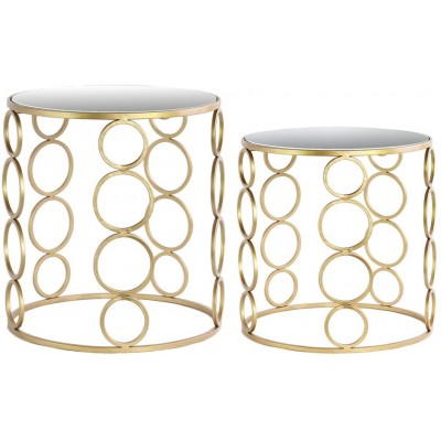 Urban Trends Metal Round Nesting Accent Table with Mirror Top Stacked Circle Design and Round Base in Metallic Finish Set of 2 Gold
