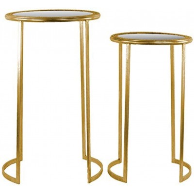 Urban Trends Round Table with Beveled Mirror and Pierced Metal Frame Top Metal Finish Set of 2 Gold