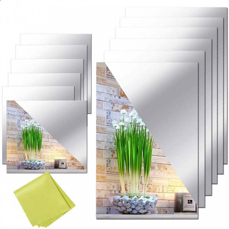 12 Pieces Self Adhesive Acrylic Mirror Sheets Flexible Non Glass Mirror Tiles Mirror Stickers for Home Wall Decor 6 x 6 and 6 x 9