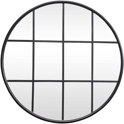 3D Metal Framed Round Wall Mirror Vintage Windowpane Accent Mirror for Living Room  Inspired Mirror Decor,Black,31.5”