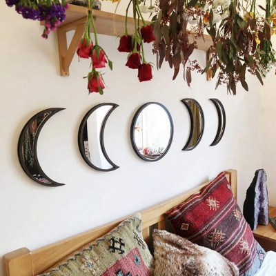 5 Pieces Scandinavian Natural Decor Acrylic Wall Decorative Mirror Interior Design Wooden Moon Phase Mirror Bohemian Wall Decoration for Home Living Room Bedroom Decor Not Real MirrorBlack