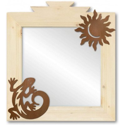Cold Nose Creations 17in Wooden Wall Mirror with C-Lizard Sun Rustic Accents Southwest Decor Made in USA Natural