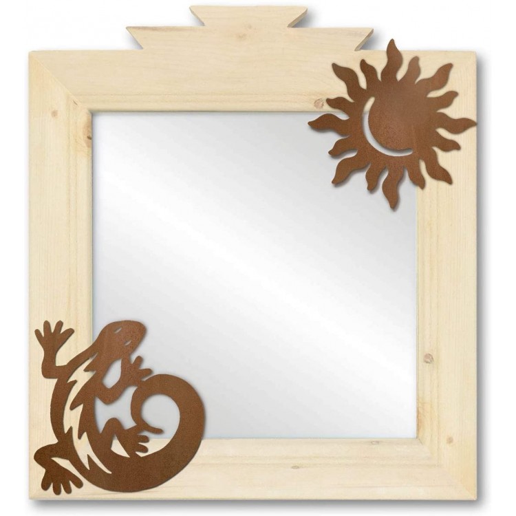 Cold Nose Creations 17in Wooden Wall Mirror with C-Lizard Sun Rustic Accents Southwest Decor Made in USA Natural