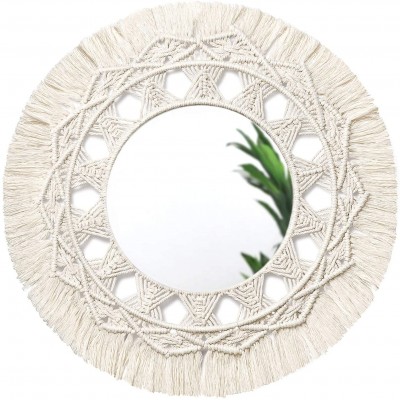 Dahey Macrame Hanging Wall Mirror with Boho Fringe Round Decorative Mirror for Apartment Living Room Bedroom Home Decor 13.1" W × 13.1" L