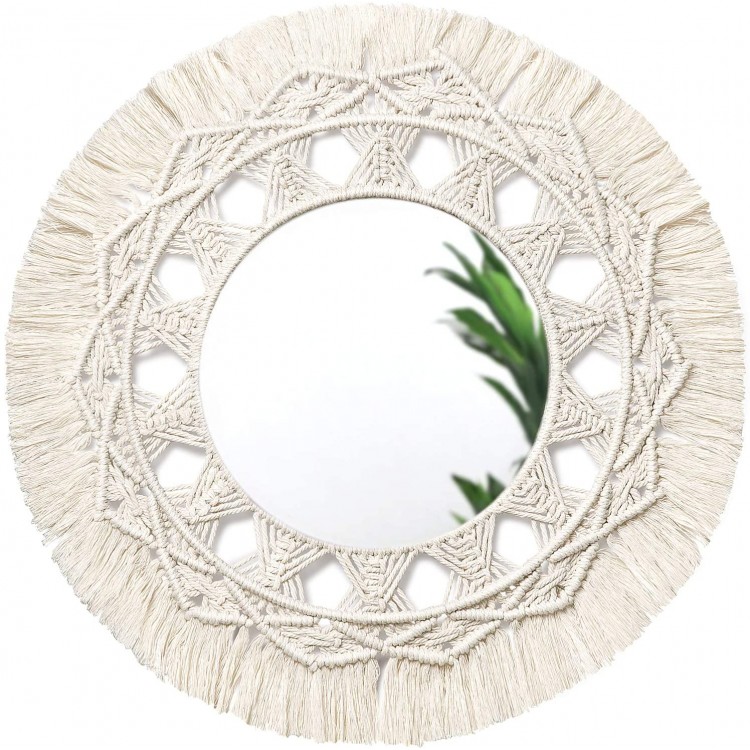 Dahey Macrame Hanging Wall Mirror with Boho Fringe Round Decorative Mirror for Apartment Living Room Bedroom Home Decor 13.1 W × 13.1 L