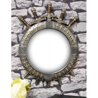 Ebros Large Medieval Knight Throne of Swords Valyrian Steel Blades Clad On Round Shield Hanging Wall Vanity Mirror Plaque Decor 15" Diameter Figurine Medieval Renaissance Decorative Accent