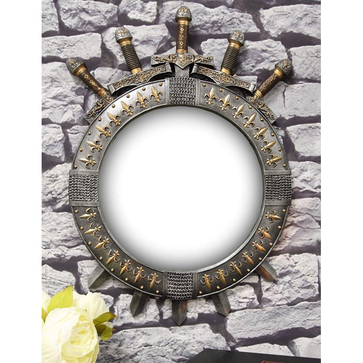 Ebros Large Medieval Knight Throne of Swords Valyrian Steel Blades Clad On Round Shield Hanging Wall Vanity Mirror Plaque Decor 15 Diameter Figurine Medieval Renaissance Decorative Accent