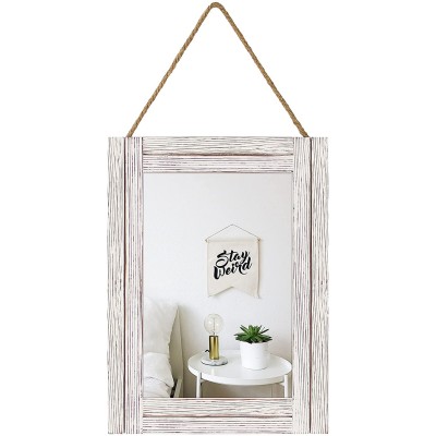 EMAISON 16 X 12 Inch Rustic Wood Framed Wall Mirror with Hanging Rope for Farmhouse Décor for Entryway Bedroom Bathroom Dresser Wash White