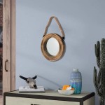 Funly mee Rustic Round Decorative Mirror with Solid Wood Frame&Rope Hanging,Farmhouse Antique Wall DecorSmall 9.9X9.9in