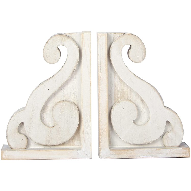 GENMOUS & CO. Rustic Distressed Vintage Scroll Corbel Bookends Farmhouse Whitewashed Wood Decorative Bookends Set of 2