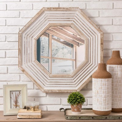 Glitzhome Rustic Farmhouse Mirror 29" Distressed White Wooden Vintage Metal Frame Wall Mirror Octagonal Bathroom Hanging Makeup Mirror Accent Brown Mirrors for Living Room Bedroom Pub Entryway Decor