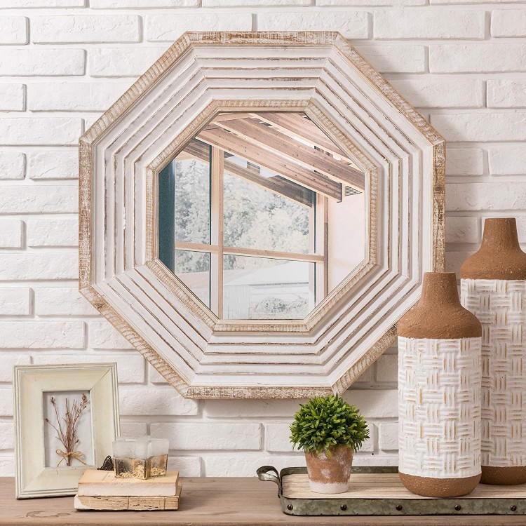 Glitzhome Rustic Farmhouse Mirror 29 Distressed White Wooden Vintage Metal Frame Wall Mirror Octagonal Bathroom Hanging Makeup Mirror Accent Brown Mirrors for Living Room Bedroom Pub Entryway Decor