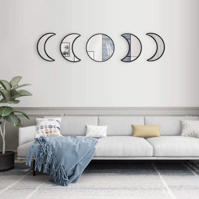 Hciszl 5pcs Set Scandinavian Moon Phase Mirror Wall Decor for Home Living Room Bedroom  Wooden Frame Decorative Acrylic Mirrors Bohemian Wall Decoration No Need to Punch