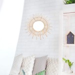 HEMOTON Wood Geometric Mirror Handmade Wicker Woven Wall Mounted Makeup Accent Mirror Hanging Collection Flower Sun Shaped Mirror for Home Bedroom Style 1