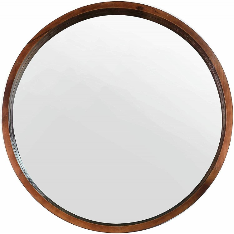 HUIJK Mirror Large Round Mirror Walnut Stained Wood Rustic Farmhouse Decor Modern Accent 30