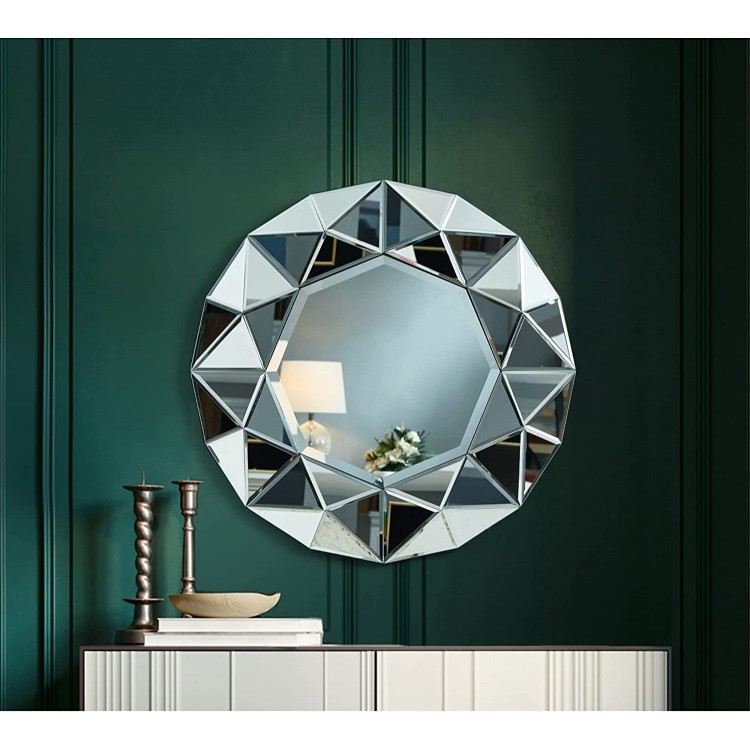 Inspired Home Lailah Beveled Wall Accent Mirror 27.6x27.6 Frameless Round Window Design Silver Polished