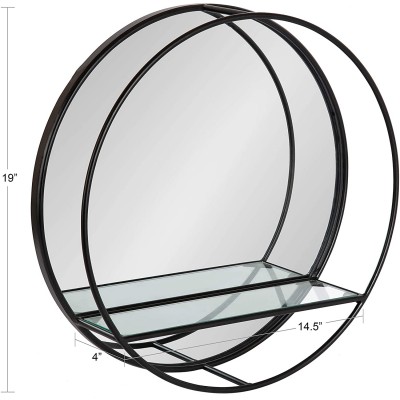 Kate and Laurel Kei Modern Round Accent Mirror with Shelf 19" Diameter Black Contemporary Wall Decor with Convenient Display and Storage