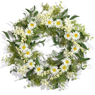 LOHASBEE Artificial Spring Wreath 22" Faux Daisy Berry Greenery Wreath Handcrafted White Green Flora with Leaves Summer Wreath for Front Door Porch Farmhouse Easter Wedding Outside Decor