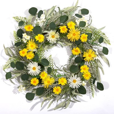 LOHASBEE Artificial Spring Wreath 22" Faux Daisy Eucalyptus Greenery Wreath Handcrafted White Yellow Flora Berries Summer Wreath for Front Door Porch Farmhouse Easter Wedding Outside Decor