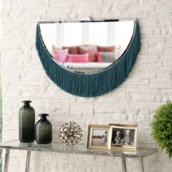 MOTINI 25"x 20" Beveled Decorative Wall Mirror Contemporary Half-Circle Frameless Wall Mirrors with Teal Fringe Accent Mirror for Bedroom Living Room Entryways