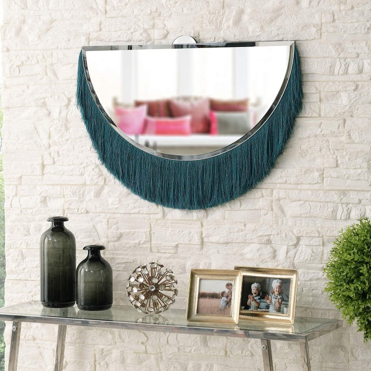 MOTINI 25x 20 Beveled Decorative Wall Mirror Contemporary Half-Circle Frameless Wall Mirrors with Teal Fringe Accent Mirror for Bedroom Living Room Entryways