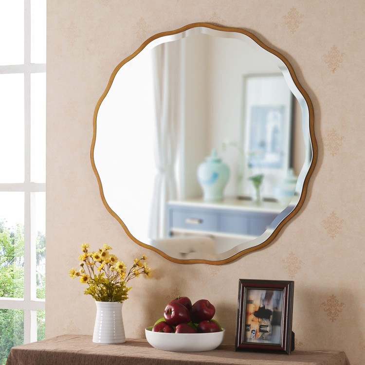 MOTINI 28 Round Beveled Mirrors Wall Mounted Gold Flower-Like Irregular Frame Decorative Mirror for Bathroom Vanity Living Room Bedroom Entryway Wall Decor