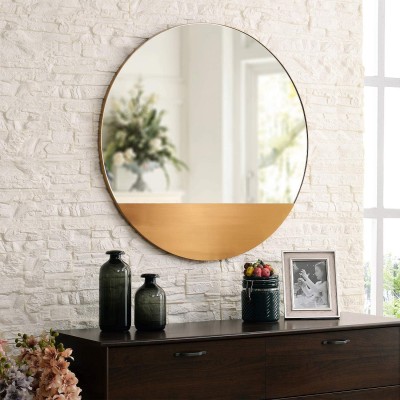 MOTINI 32 Inch Round Decorative Wall Mirror Large Modern Brushed Brass Metal Frame Mirror Wall Mounted for Wall Decor Living Room Bedroom