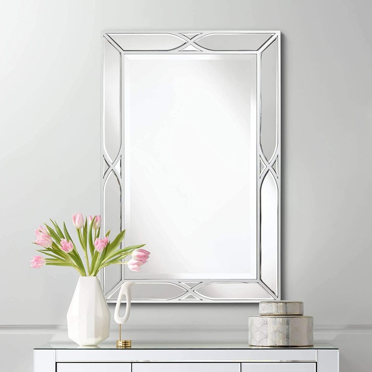 Noble Park Tryon Rectangular Vanity Decorative Large Wall Mirror Modern Silver Mirrored Frame Beveled Glass Edge 25 Wide for Bathroom Bedroom Living Room Home House Office Entryway