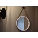 Round Decorative Wood Frame Wall Mirror Modern Wall Décor Accent Wall Mirror with Hanging Rope Wall-Mounted Mirror Wall Decor for Bedroom Bathroom Living Room Entryway White 24