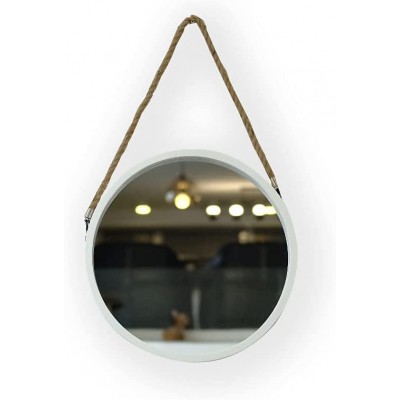 Round Decorative Wood Frame Wall Mirror Modern Wall Décor Accent Wall Mirror with Hanging Rope Wall-Mounted Mirror Wall Decor for Bedroom Bathroom Living Room Entryway White 24"