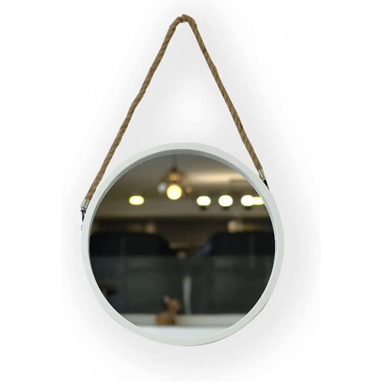 Round Decorative Wood Frame Wall Mirror Modern Wall Décor Accent Wall Mirror with Hanging Rope Wall-Mounted Mirror Wall Decor for Bedroom Bathroom Living Room Entryway White 24