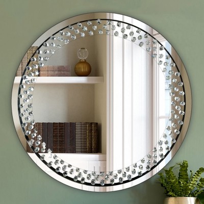 Round Silver Wall Mirror for Wall Decoration Crystal Clear Floating Diamond Décor 23.6x23.6x1 inch Wall Hang Frameless Mirror Glass Diamond Art.