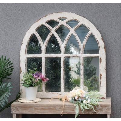 Rustic Wood Arched Window Mirror Wall Decor Cathedral Window Wall Mirror Shabby Chic Farmhouse Mirror for Living Room Bedroom Dining Room or Entryway Distressed White，31-7 8"W x 31-7 8"H