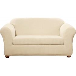 SureFit Home Decor Stretch Pinstripe Box Cushion Loveseat Two Piece Slipcover Form Fit Polyester Spandex Machine Washable Cream Color