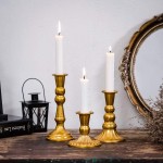 Sziqiqi Vintage Candlestick Holder Distressed Gold Taper Candle Holder Set for Table Decorative Centerpiece Set of 3
