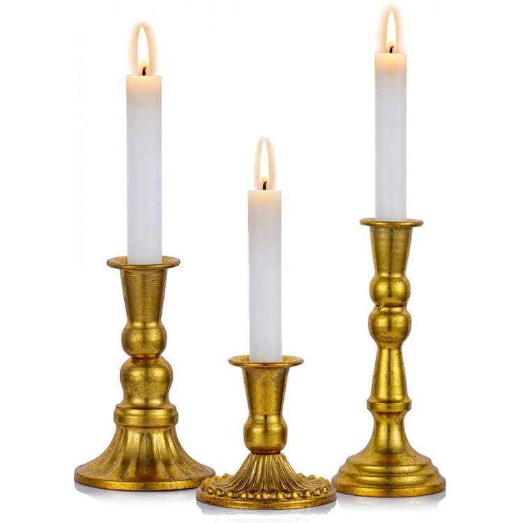 Sziqiqi Vintage Candlestick Holder Distressed Gold Taper Candle Holder Set for Table Decorative Centerpiece Set of 3