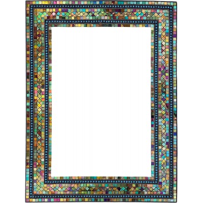 Zorigs Mirror Wall Art Décor – Handcrafted Decorative Wall Mirror Turquoise Green Brown Yellow and Indigo Reflective Mosaic Mirror 32" X 24" Rectangular Mirror for Hallway Bedroom Living Room