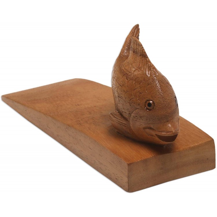 NOVICA Animal Themed Wood Doorstop Brown Helpful Goldfish in Brown'
