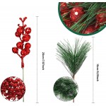 Christmas Artificial Pine Branches Pine Picks Twig Set Including Artificial Pine Branches Fake Greenery Branches Pine Needles Green Sprigs Glitter Berries Stems for Christmas Decor Red,24 Pieces