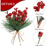 Christmas Artificial Pine Branches Pine Picks Twig Set Including Artificial Pine Branches Fake Greenery Branches Pine Needles Green Sprigs Glitter Berries Stems for Christmas Decor Red,24 Pieces