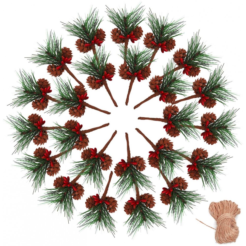 Geefuun 24Pieces Christmas Artificial Pine Needle Pick Decorations 1 Pack Jute Twine Rope Xmas Party Gift Wrapping Decor Wreaths Arrangement Tree Ornaments Wedding Supplies
