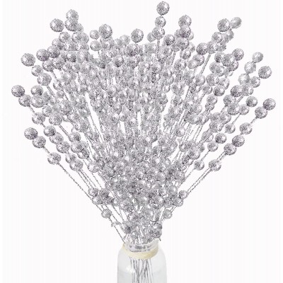 IDOXE Silver Berries,100Pack Artificial Stems Christmas Tree Decorations Fake Christmas Picks Glitter Sticks DIY Wreath Crafts Gift Fireplace Holiday Home Decor 11.8Inch Silver