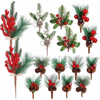Lulu Home 16 Pieces Christmas Picks Artificial Pine Branches with Pine Cones and Red Berries Winter Holly Berries Stem Picks for Xmas Gift DIY Crafts Christmas Tree Wreath Garland Decorations