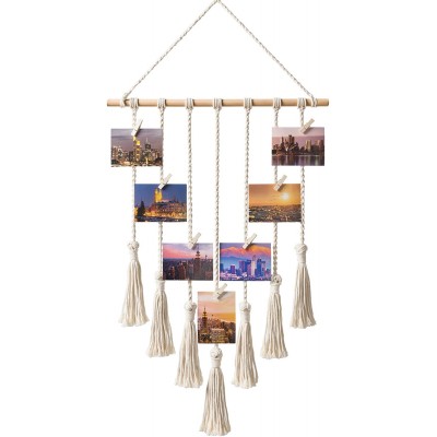 Mkono Hanging Photo Display Macrame Wall Hanging Pictures Cards Holder Boho Home Decor Chic Ornament Gift for Apartment Bedroom Living Room Gallery with 25 Wood Clips 27" L x 17''W