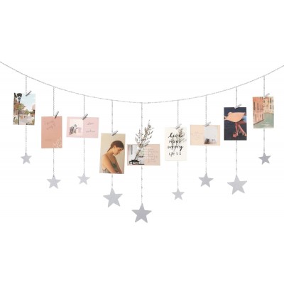 Mkono Hanging Photo Display Wooden Stars Garland with Metal Chains Picture Frame Collage with 25 Wood Clips Wall Art Decoration for Home Office Nursery Room Dorm Silver